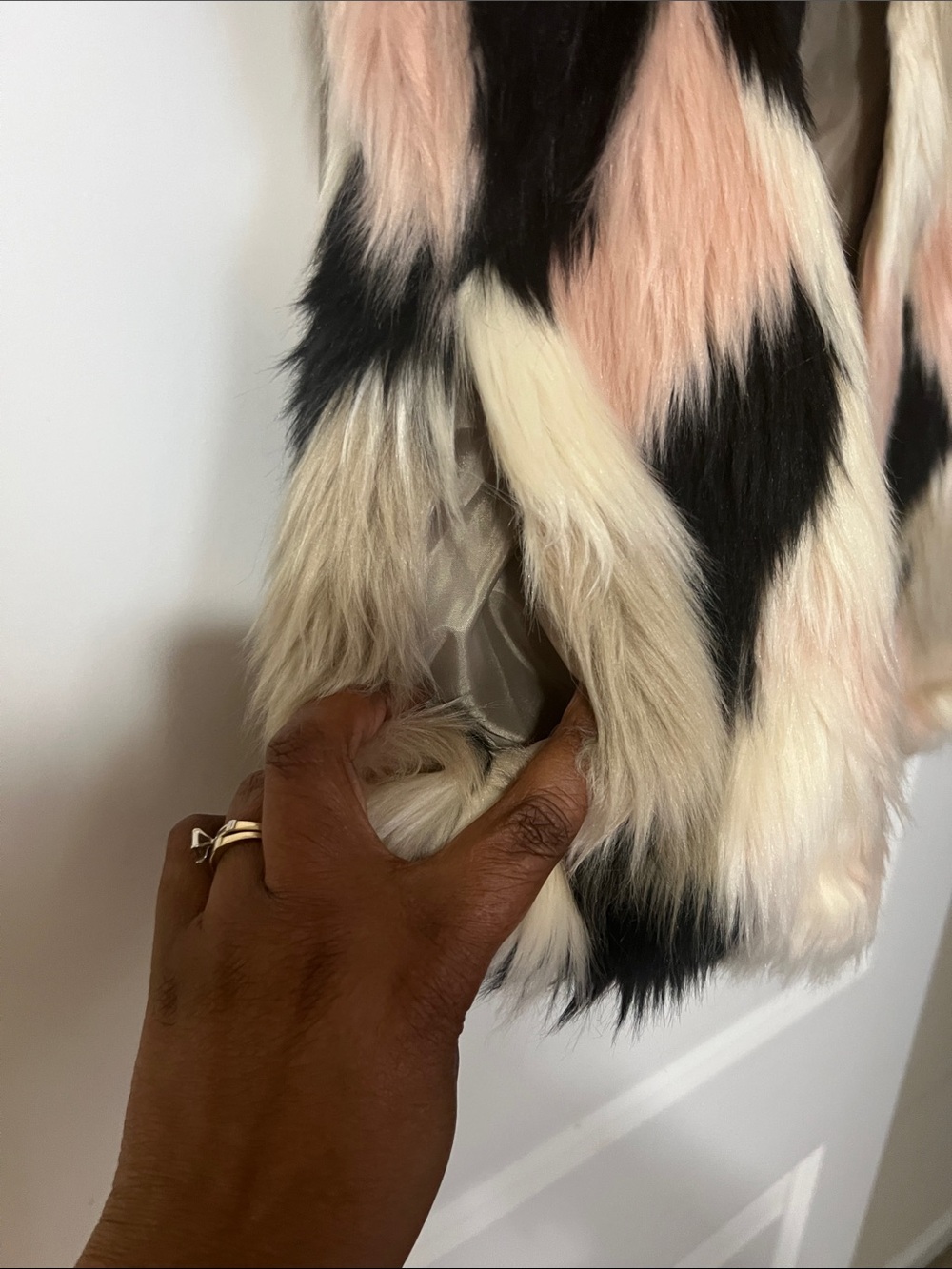 Say What? Colorblock Faux Fur Vest in Pink, Black & Cream - Picture 3 of 4